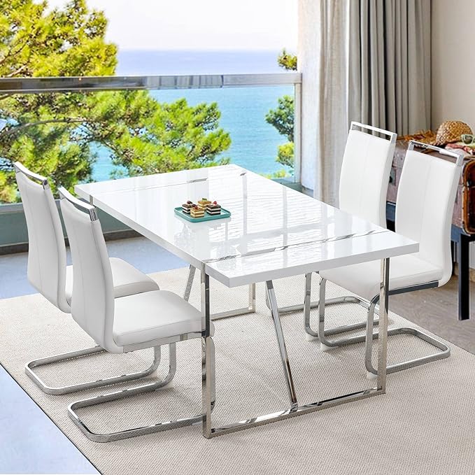 Sleek White 5-Piece Dining Table Set with Leather Chairs | Modern and Versatile