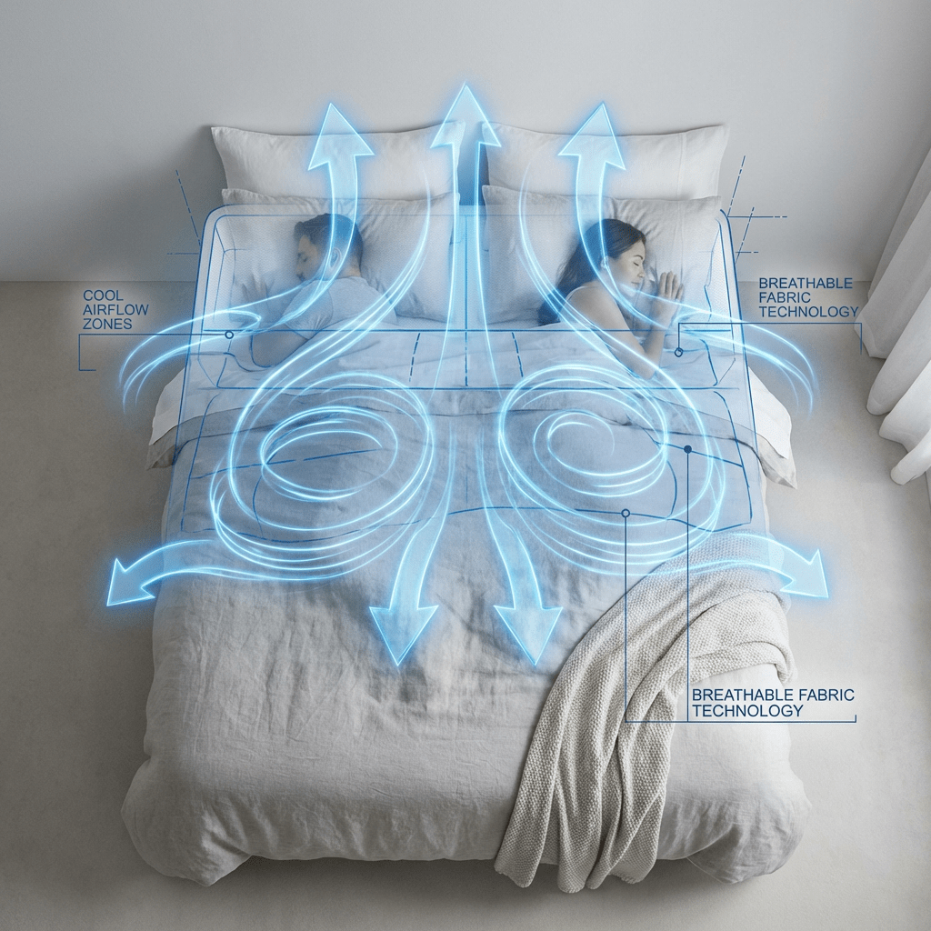 Couple sleeping on mattress with blue arrows showing COOL AIRFLOW ZONES and BREATHABLE FABRIC TECHNOLOGY.