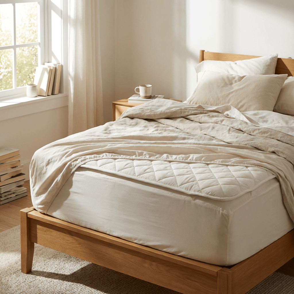 A wooden bed frame with cream-colored linen sheets and a white quilted mattress protector.