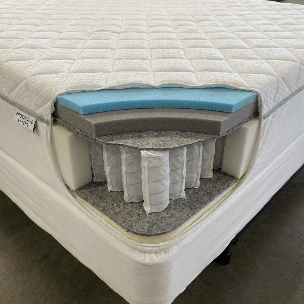 Cross-section of a mattress with text PROTECTIVE LAYERS, showing foam and pocketed coils.