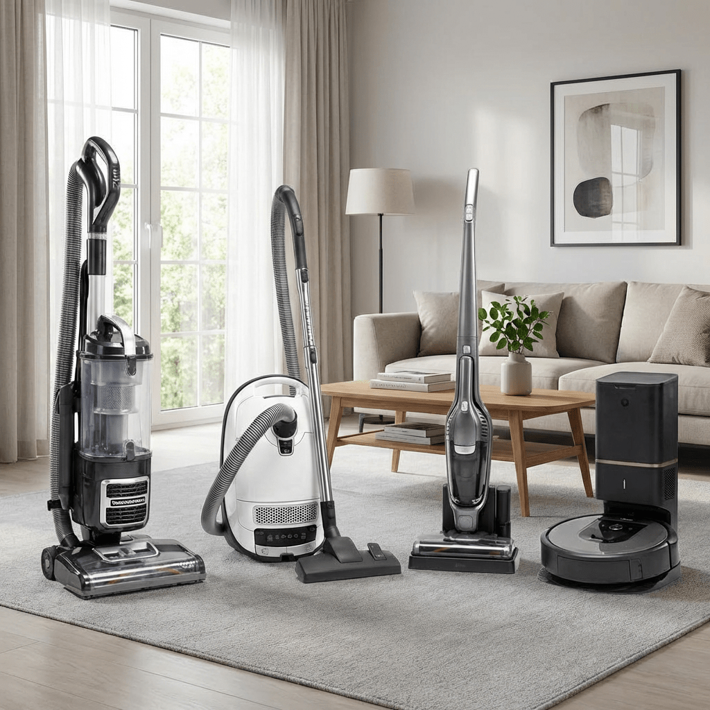 Four different types of vacuum cleaners including upright, canister, stick, and robot models.