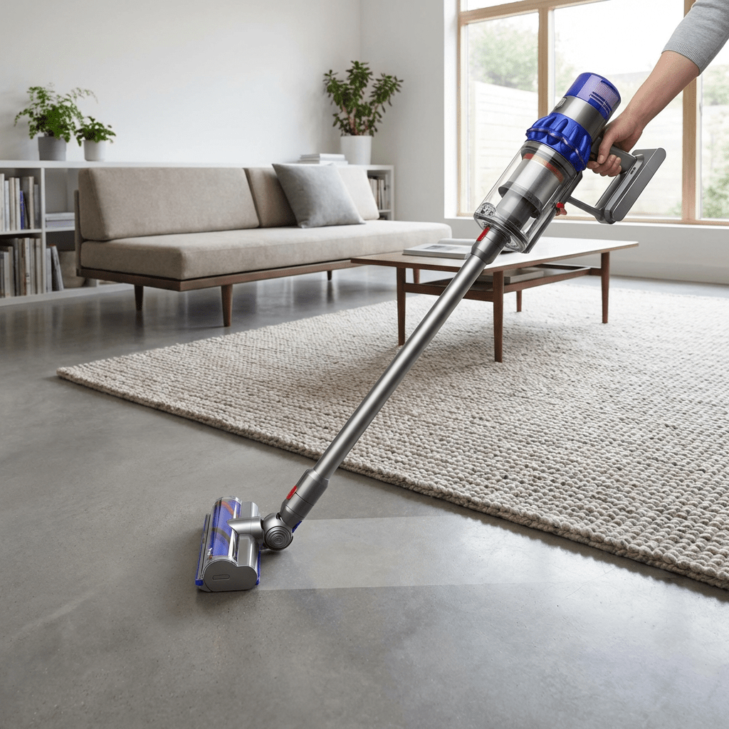 A person using a cordless stick vacuum on a hard floor in a living room.