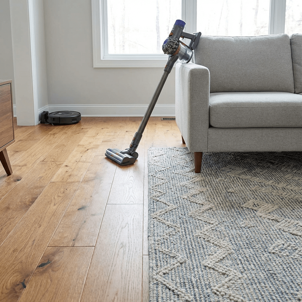 Cordless stick vacuum leaning on a grey sofa near a robot vacuum on hardwood floors.