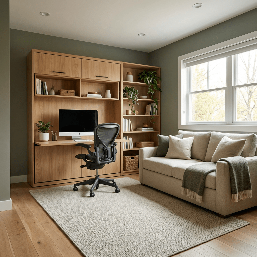 Modern home office with a wooden desk unit, ergonomic chair, and beige sofa.