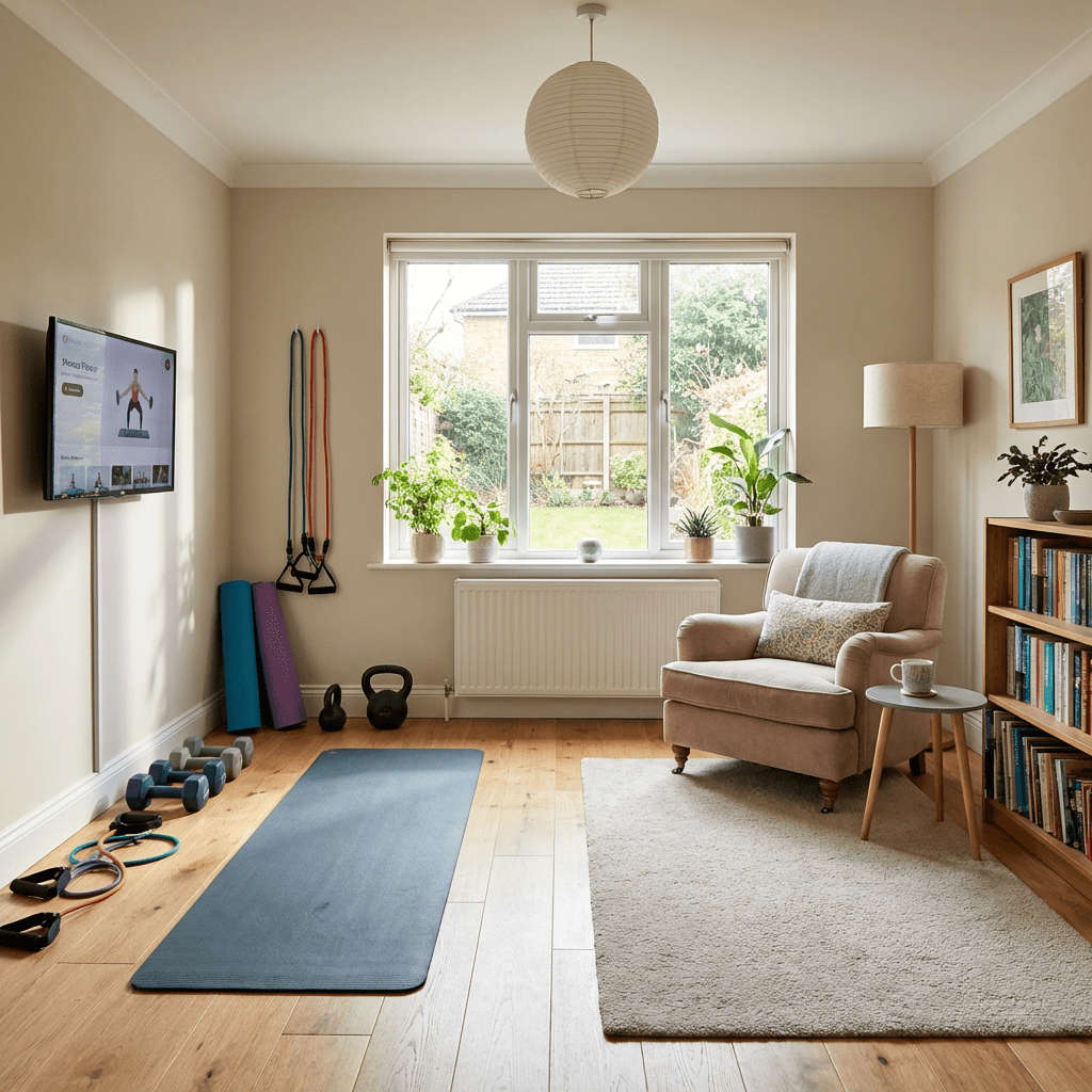 Fitness area and cozy reading nook in a sunlit room with garden views.