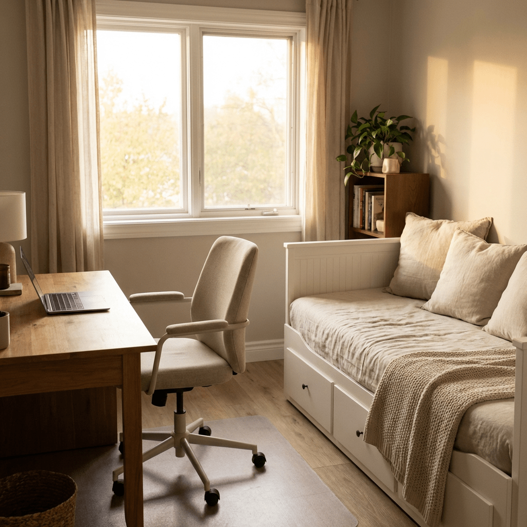 Well-lit home office featuring a wooden desk, office chair, and daybed next to a window.