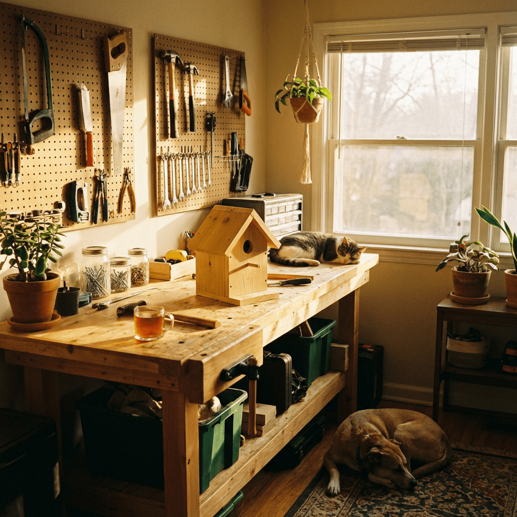 A sunlit workbench features a birdhouse, tools, and a sleeping cat, with a dog below.