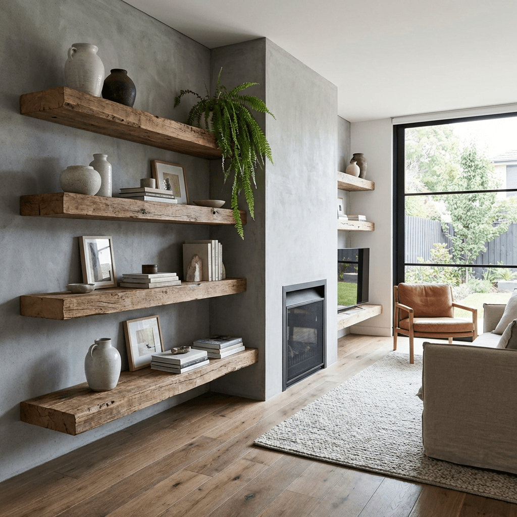 Modern living room featuring concrete walls, rustic wooden shelves, and a built-in fireplace.