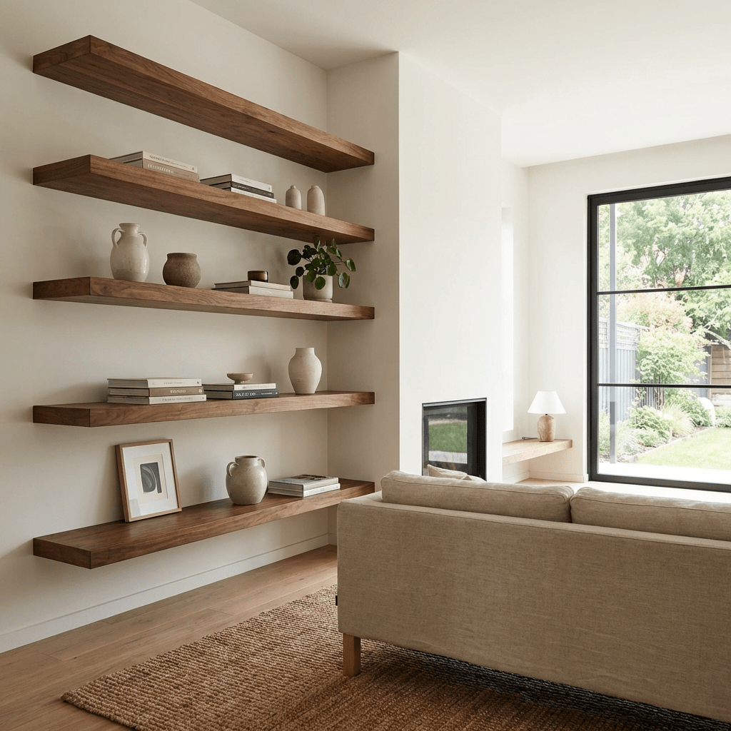Floating walnut shelves on a white wall decorated with books and ceramic vases.