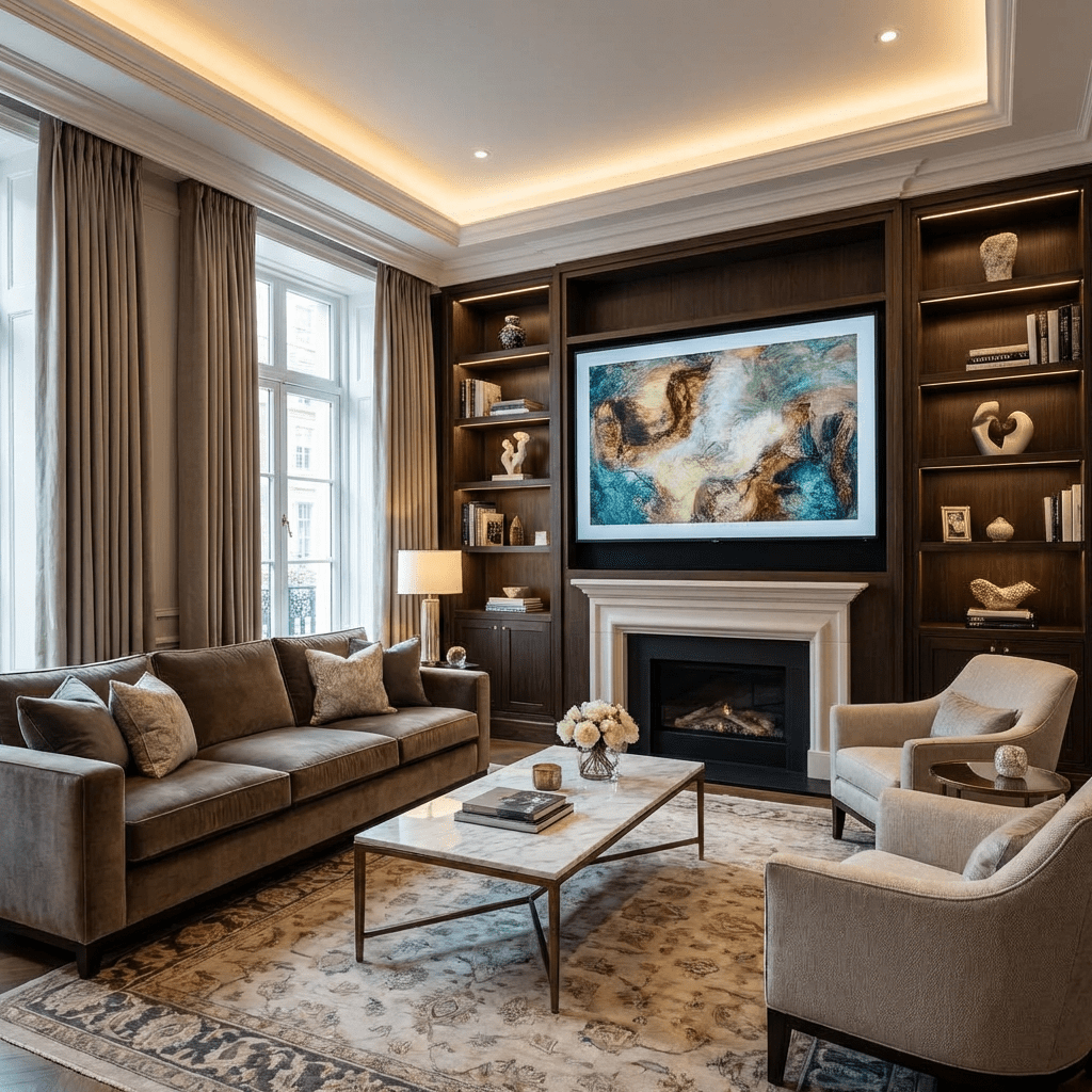 Luxurious living room with velvet sofa, marble coffee table, fireplace, and built-in dark wood bookshelves.