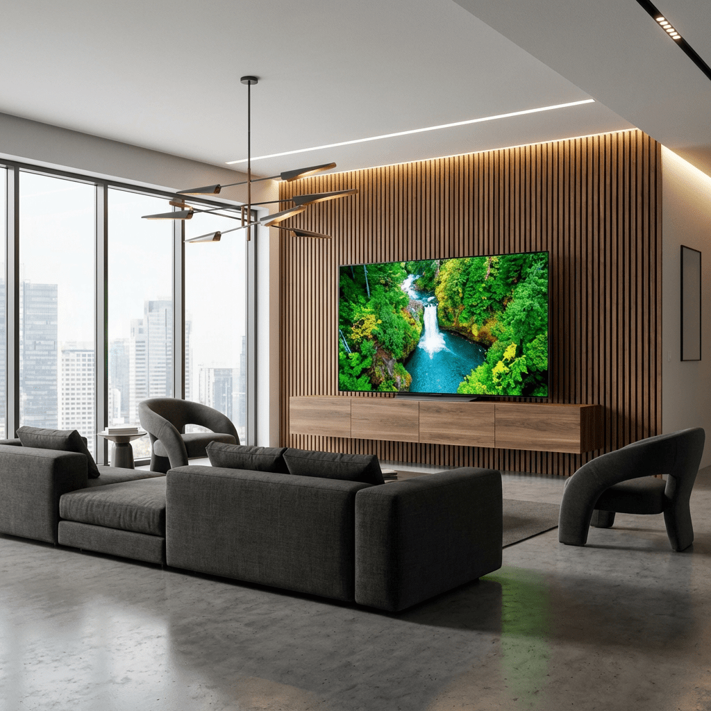 Large TV on a wood-slat wall in a modern penthouse with city views.