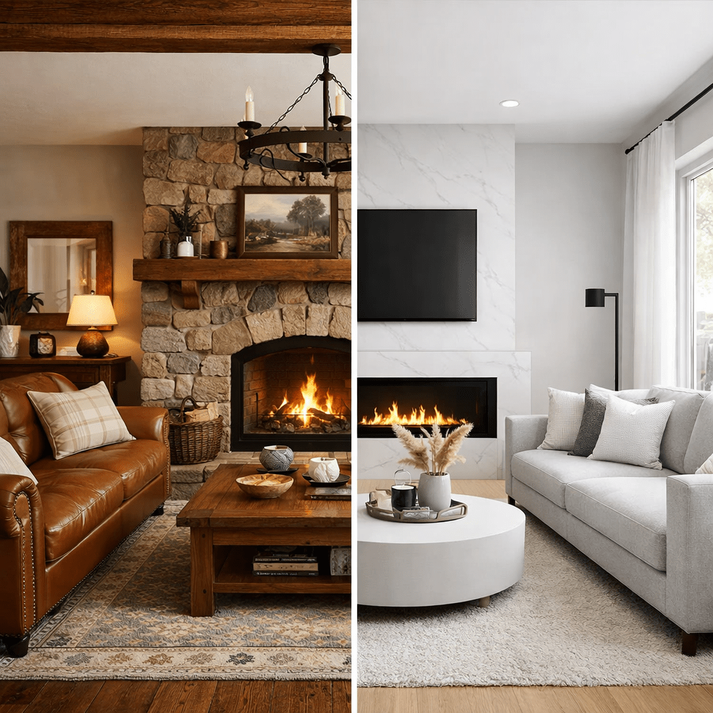 Split image showing rustic living room with stone fireplace and leather sofa on left and modern living room with sleek fireplace and gray sofa on right