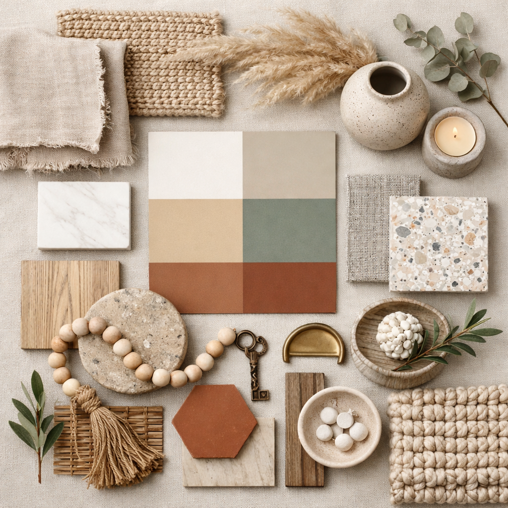 Assortment of natural fabric swatches, stone and wood samples, ceramics, beads, candle, and greenery