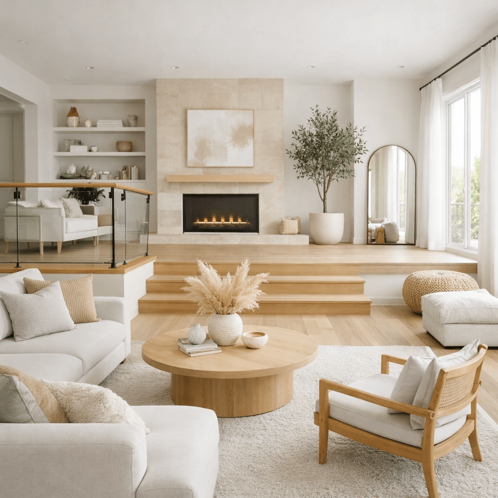 Living room with light wood coffee table, beige sofas, armchair, fireplace, and tall plant