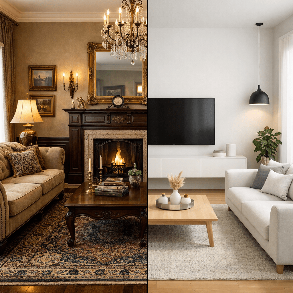 Left side traditional living room with fireplace and ornate decor, right side modern living room with minimalist design and TV