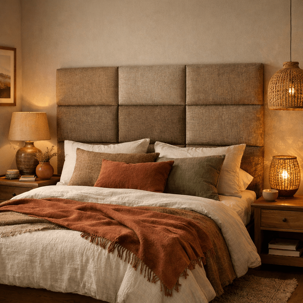 Bed with brown padded headboard and layered earthy-toned pillows and blankets