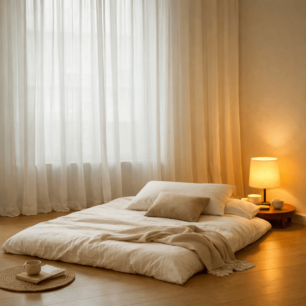 Low futon bed with beige pillows and throw blanket next to a small wooden table with a lamp and cups