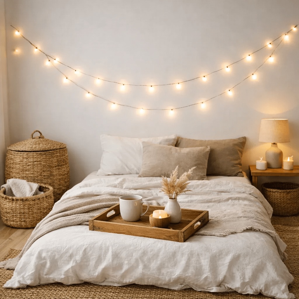 Bed with white and beige pillows, fairy lights on wall, and wooden tray with mug and candle