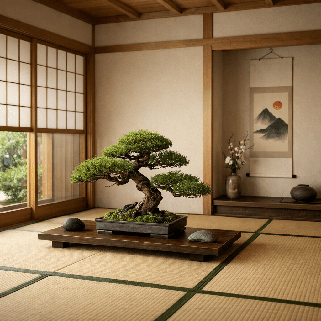 Bonsai tree placed on a wooden platform in a traditional Japanese room with tatami mats and shoji screens