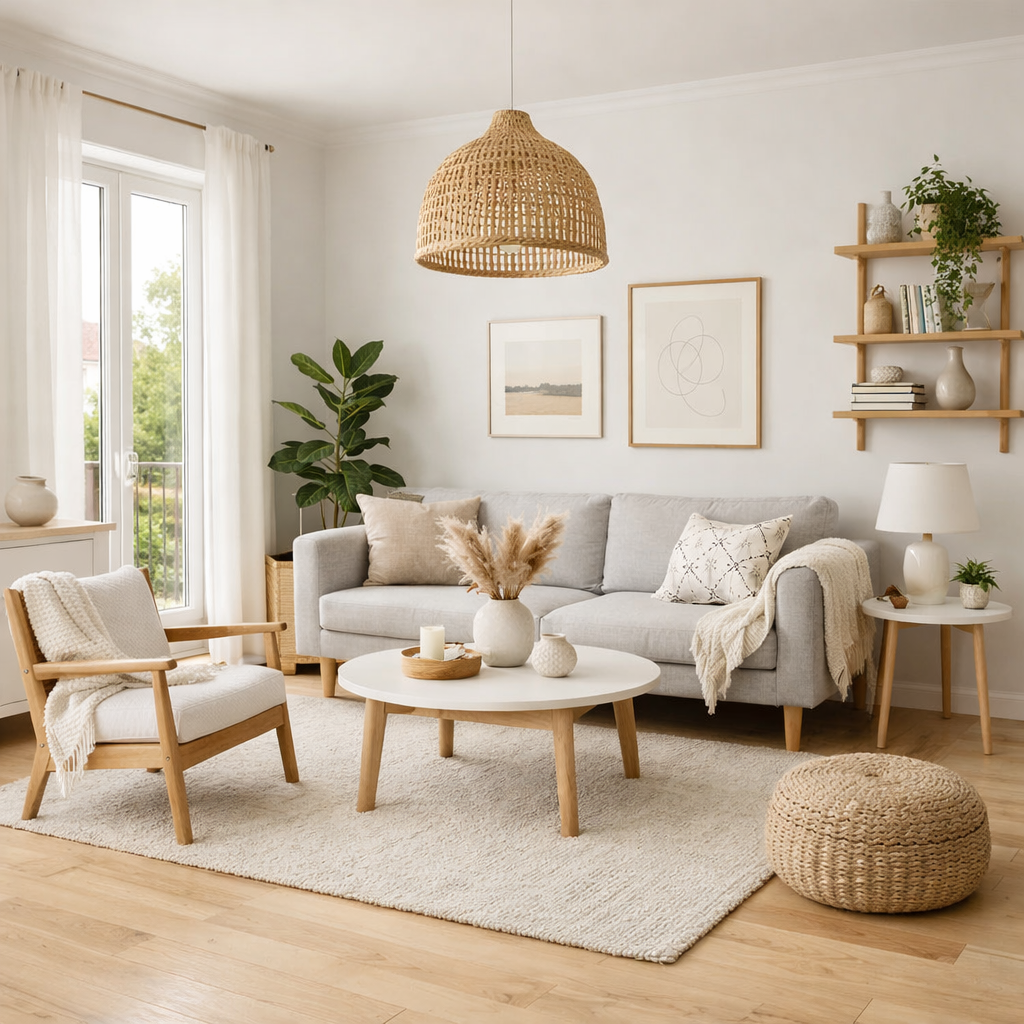 Living room with light gray sofa, wooden armchair, round white coffee table, woven pendant lamp, and neutral decor