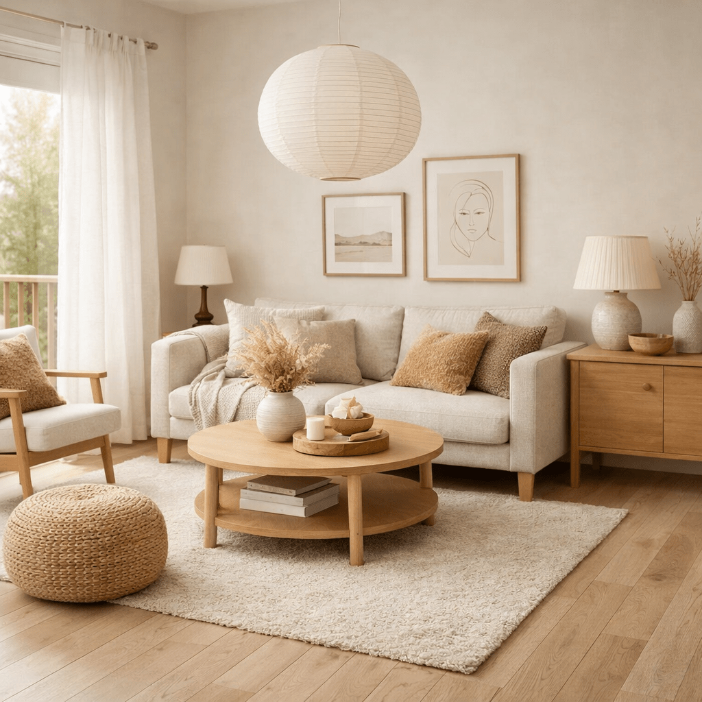 Bright living room with beige sofa, wooden coffee table, and light decor