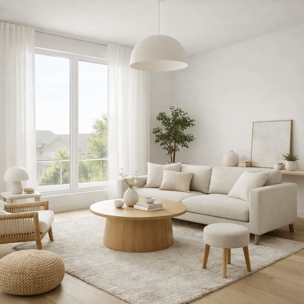 Living room with beige sofa, wooden coffee table, rattan chair, and large window