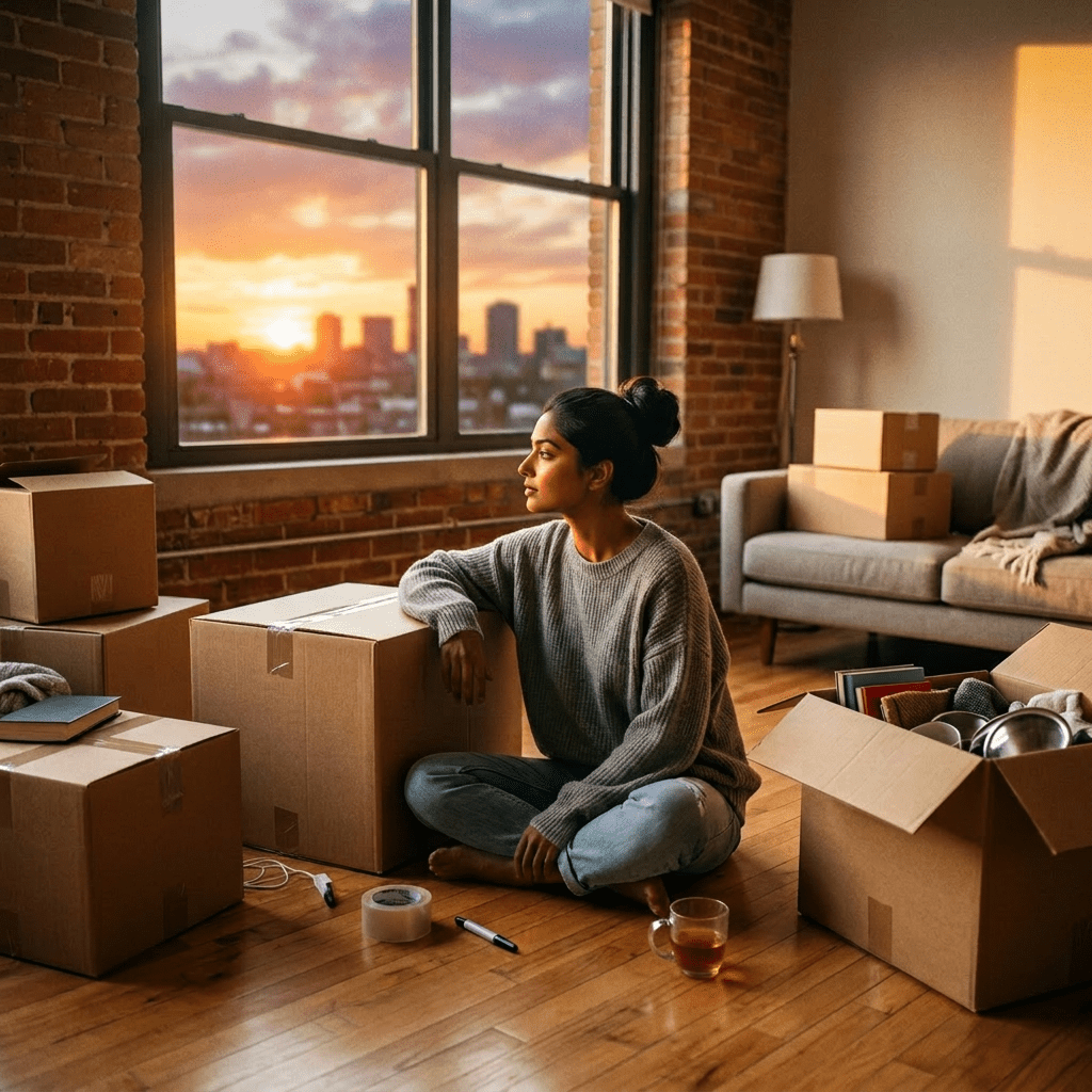 Woman sitting on floor surrounded by packed and unpacked moving boxes, looking out window