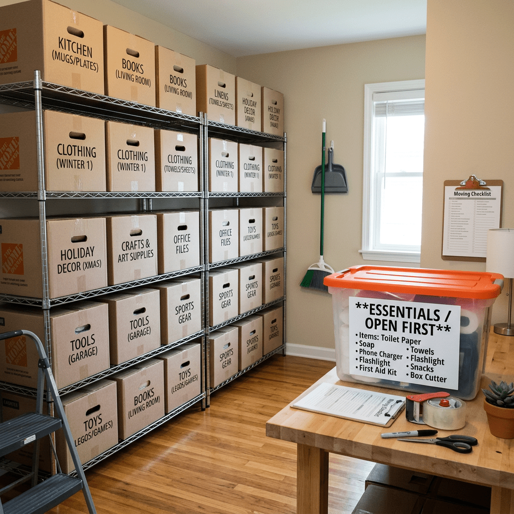 Shelves filled with neatly labeled moving boxes and an essentials box on a table