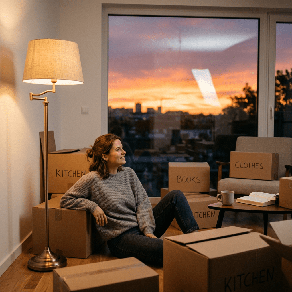 Woman sitting on floor surrounded by labeled moving boxes at sunset