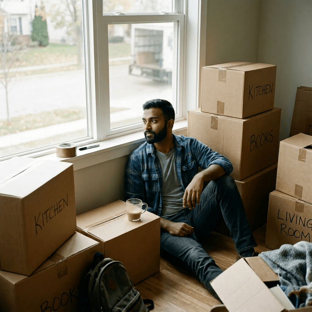 Man sitting on floor looking out window surrounded by labeled moving boxes
