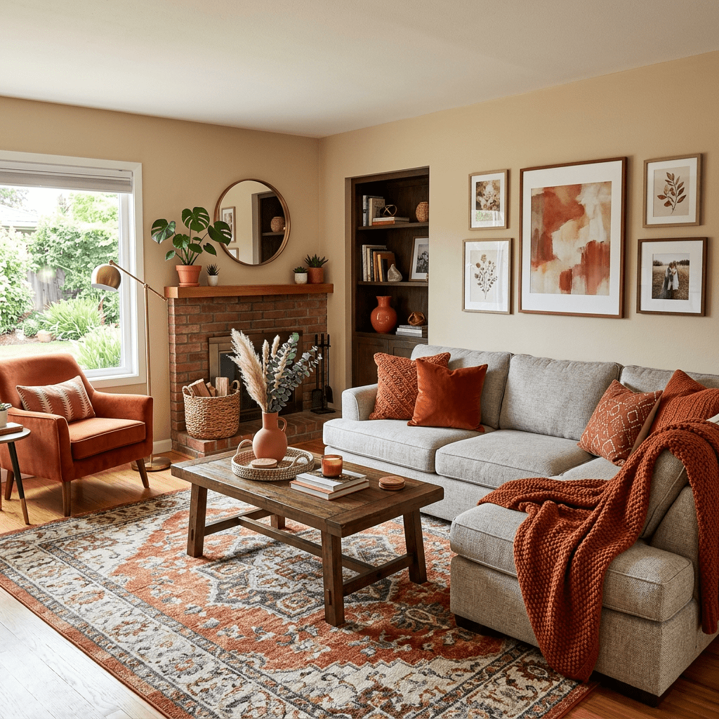 Living room with beige sectional sofa, orange armchair, patterned rug, and wall art