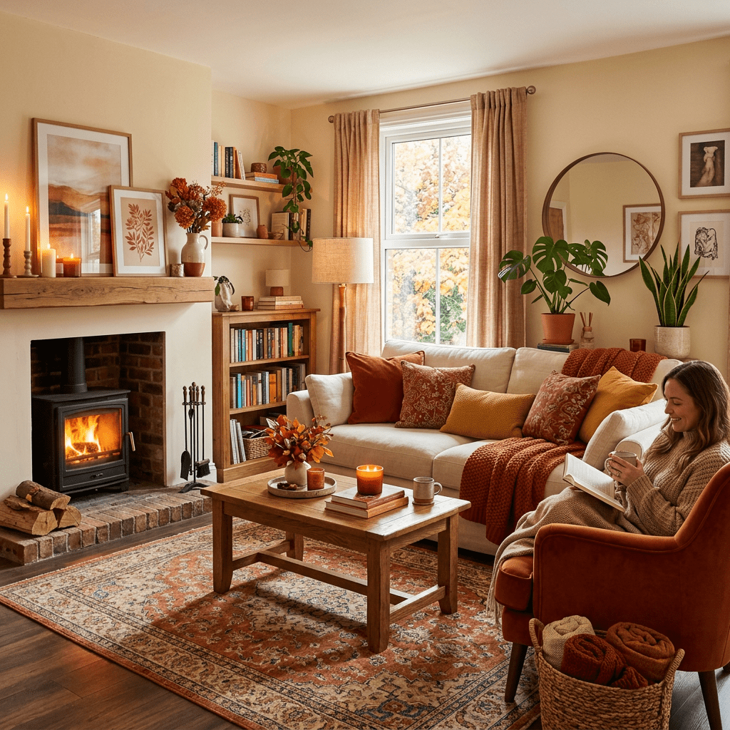Living room with a fireplace, cozy seating, autumn decorations, and a person reading