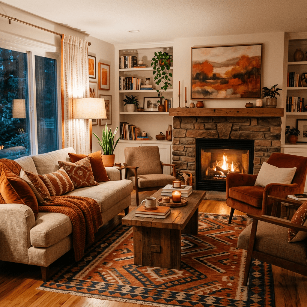 Living room with beige sofa, orange cushions, wooden coffee table, armchairs, patterned rug, and lit stone fireplace