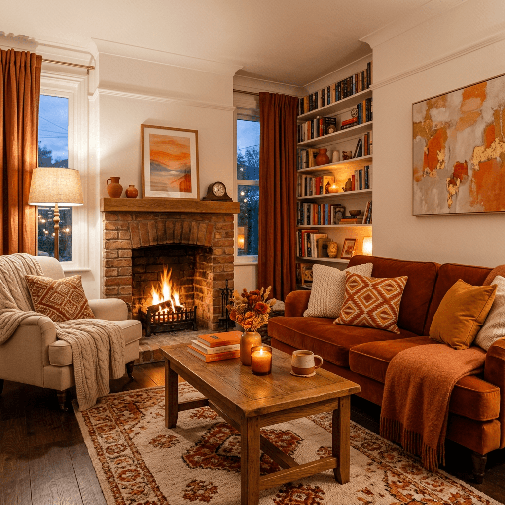 Living room with brick fireplace, lit fire, brown couch, armchair, wooden coffee table, and autumn decor