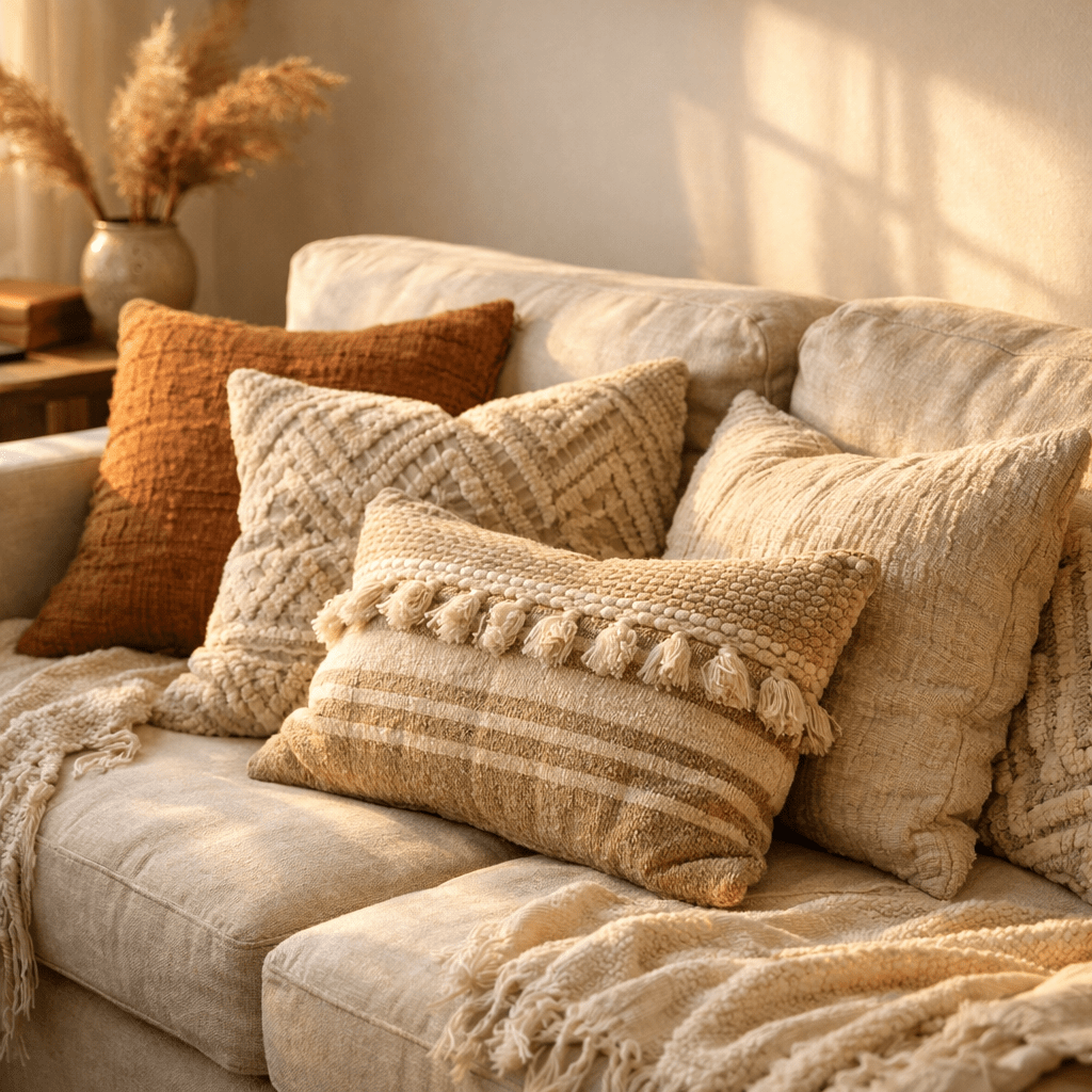 Beige sofa with various textured neutral and rust-colored pillows and a matching throw blanket