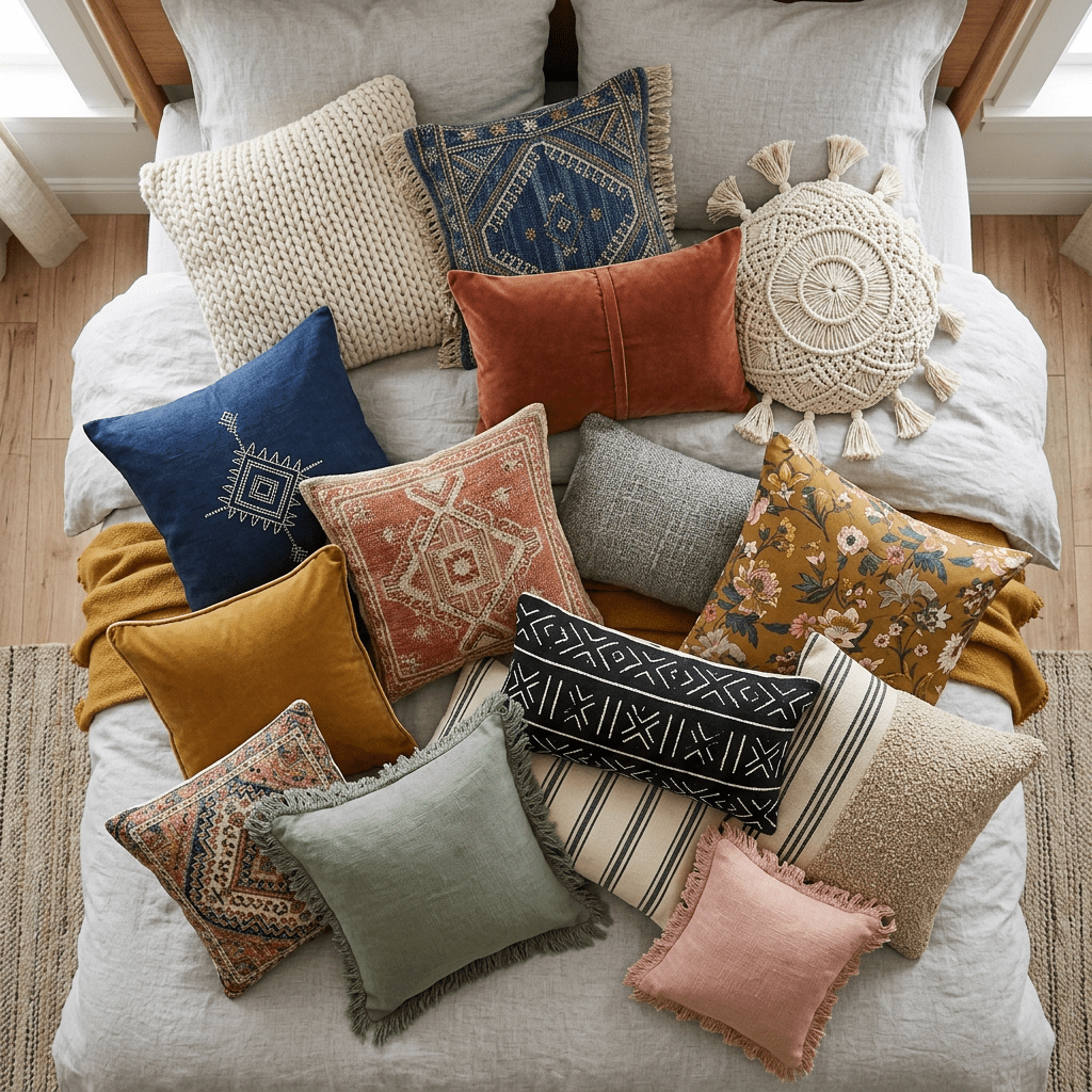 Variety of decorative pillows with different patterns, textures, and colors on a bed