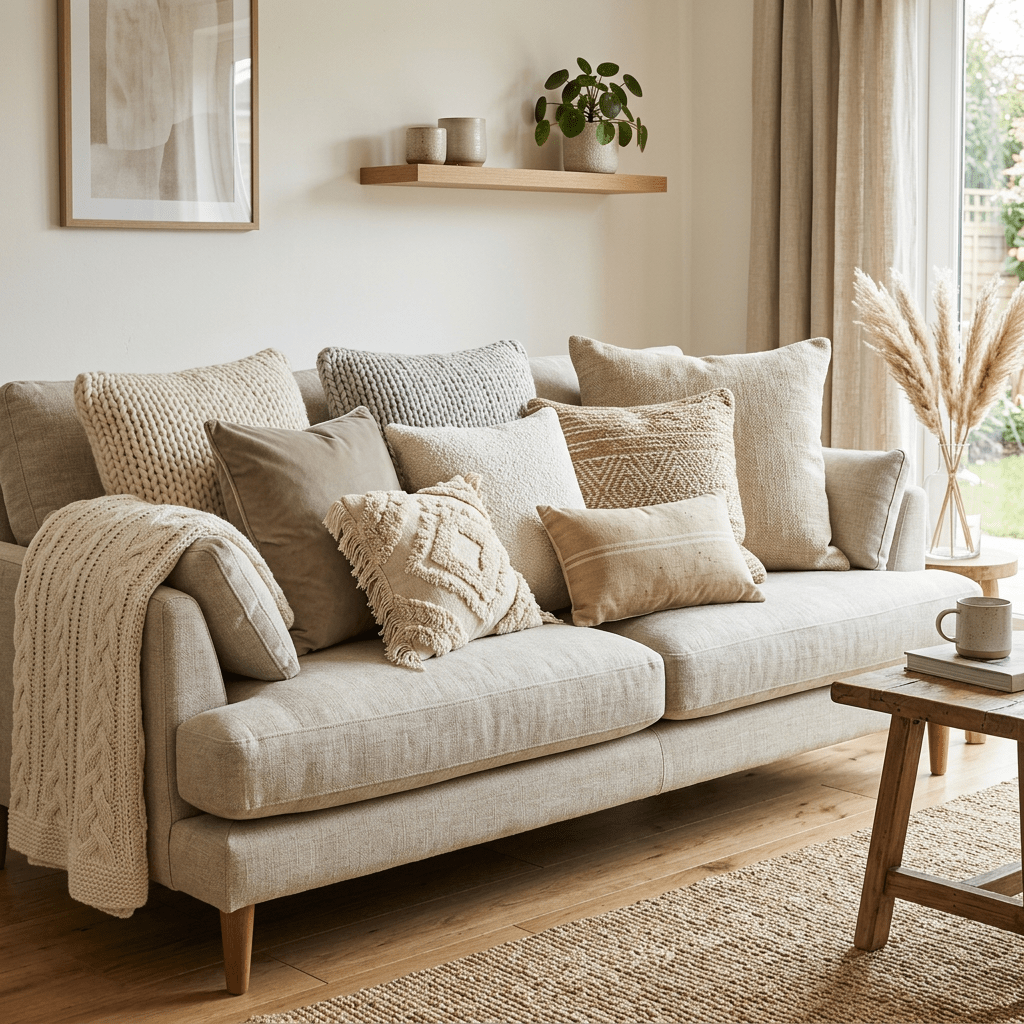 Beige sofa with knitted and patterned cream and brown throw pillows and a knitted throw blanket