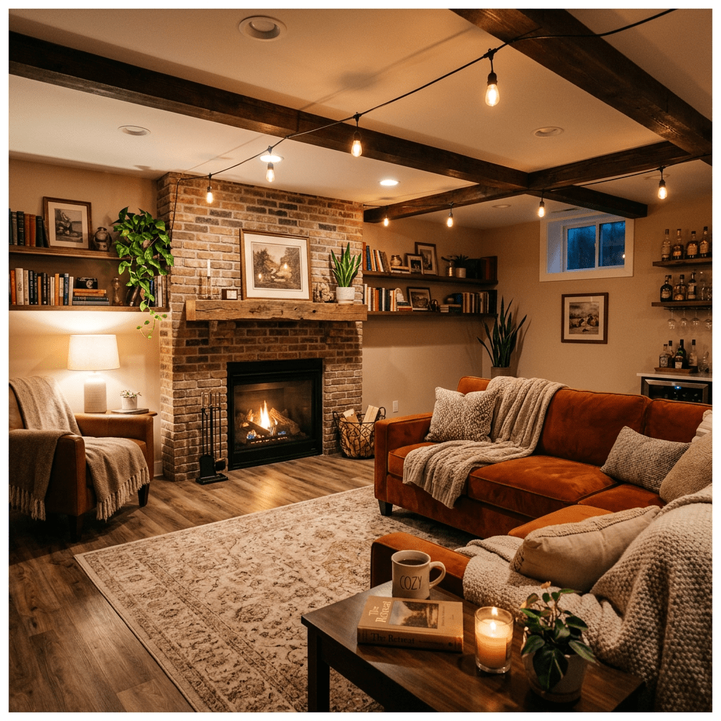 Cozy living room with brick fireplace, orange sofa, armchair, and warm lighting