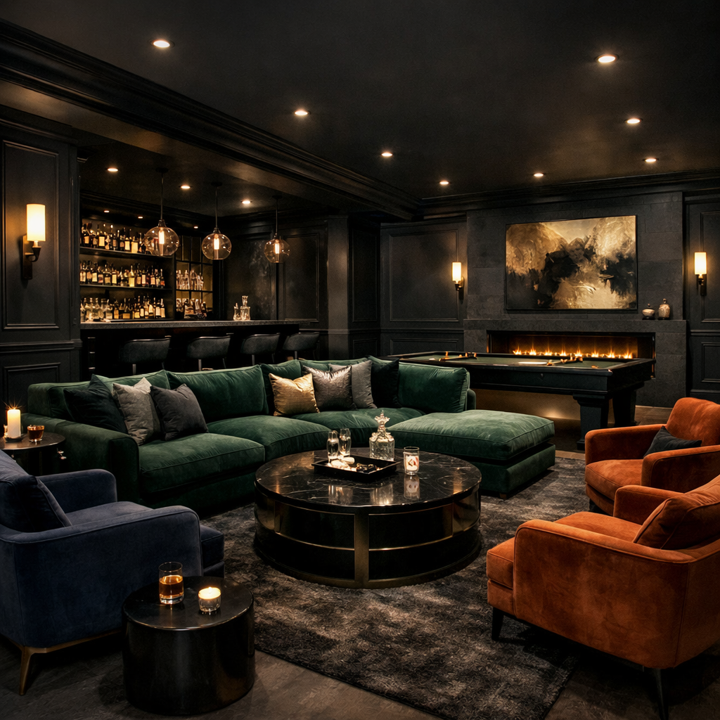 Elegant living room with green sectional sofa, blue and orange armchairs, bar, pool table, and fireplace