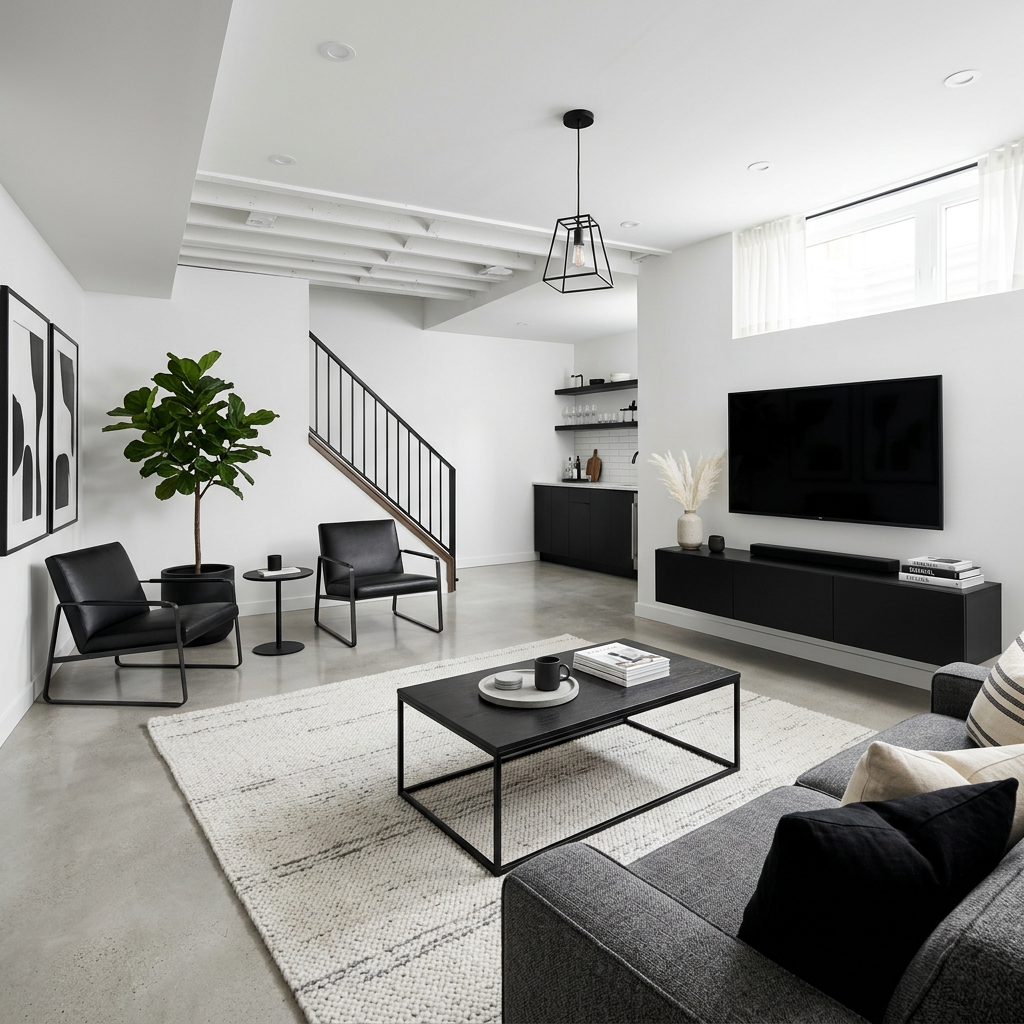 Minimalist living room with gray sofa, black chairs, black coffee table, and wall-mounted TV