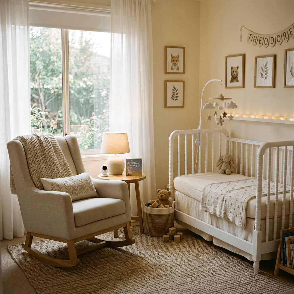 Nursery room with a rocking chair, side table with lamp, white crib, and toys.