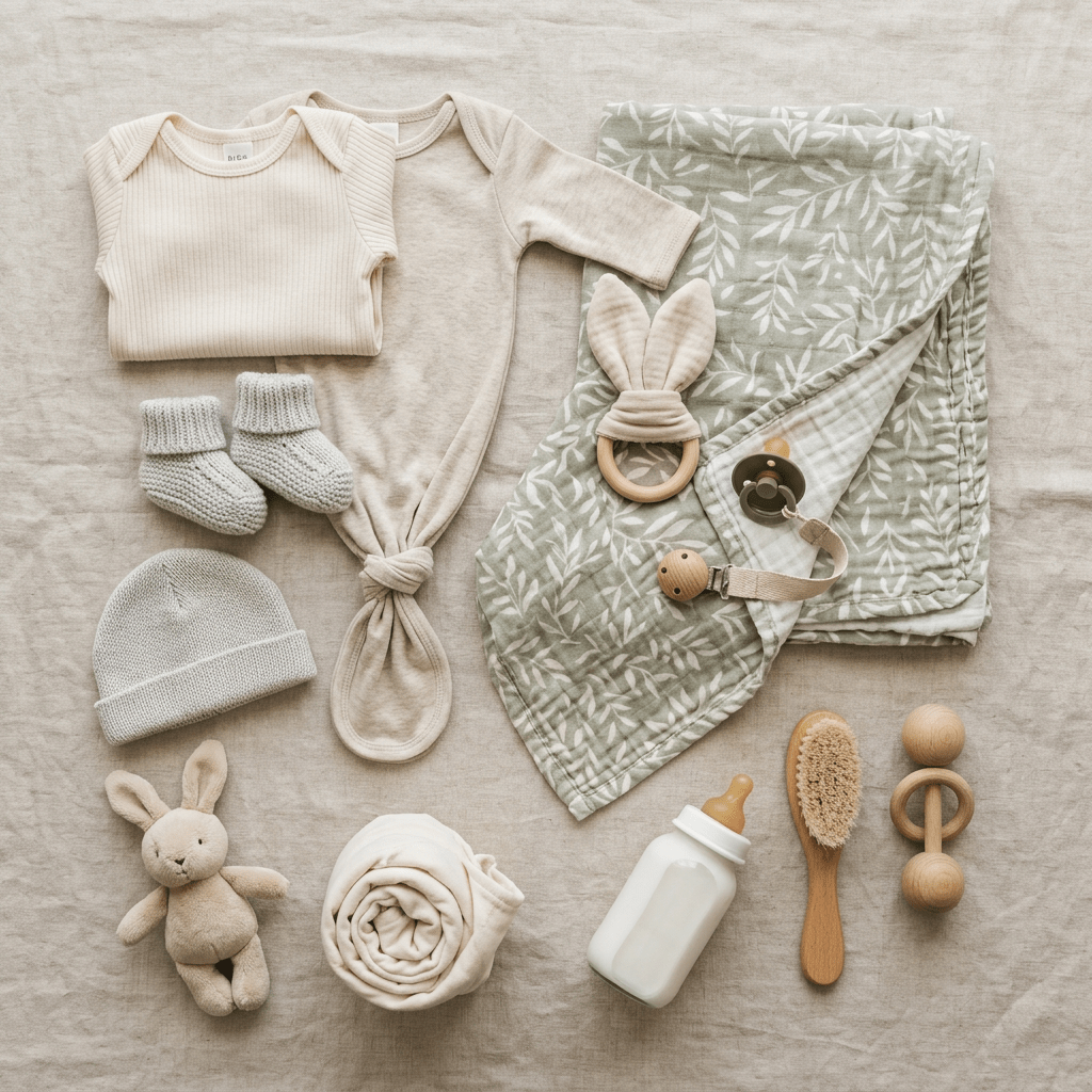Baby clothes, knitted socks, hat, blanket, pacifier, bottle, brush, and toys in neutral tones