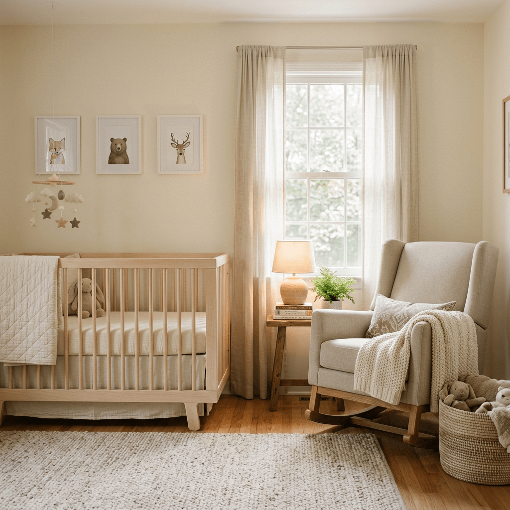 Nursery with wooden crib, beige rocking chair, and soft decor