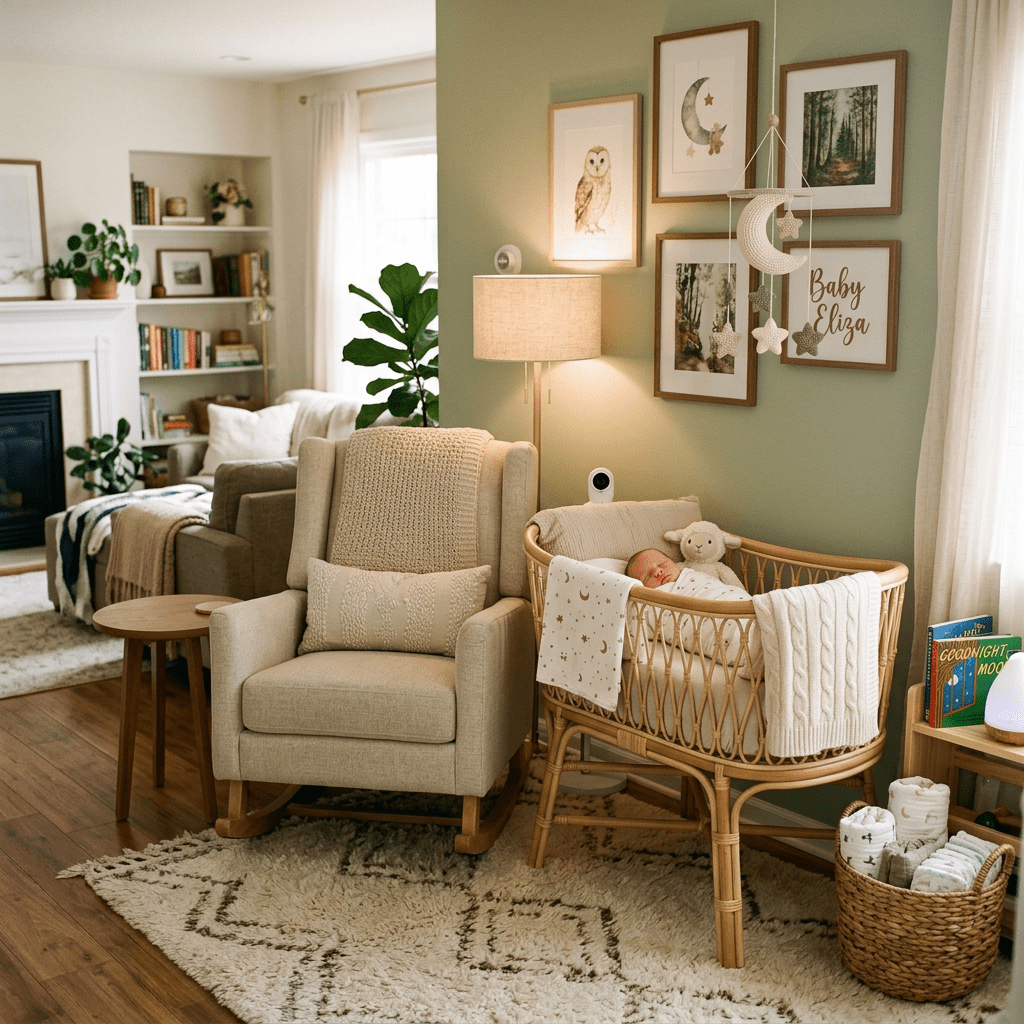 Sleeping baby swaddled in woven bassinet beside beige rocking chair in cozy nursery