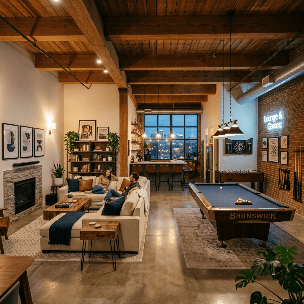 Loft living room with pool table, couple on sofa, and city skyline through large windows