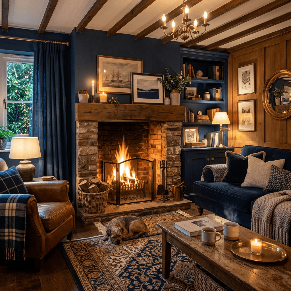 Living room with lit fireplace, blue walls, leather armchair, blue sofa, wooden coffee table, and a dog lying on a patterned rug