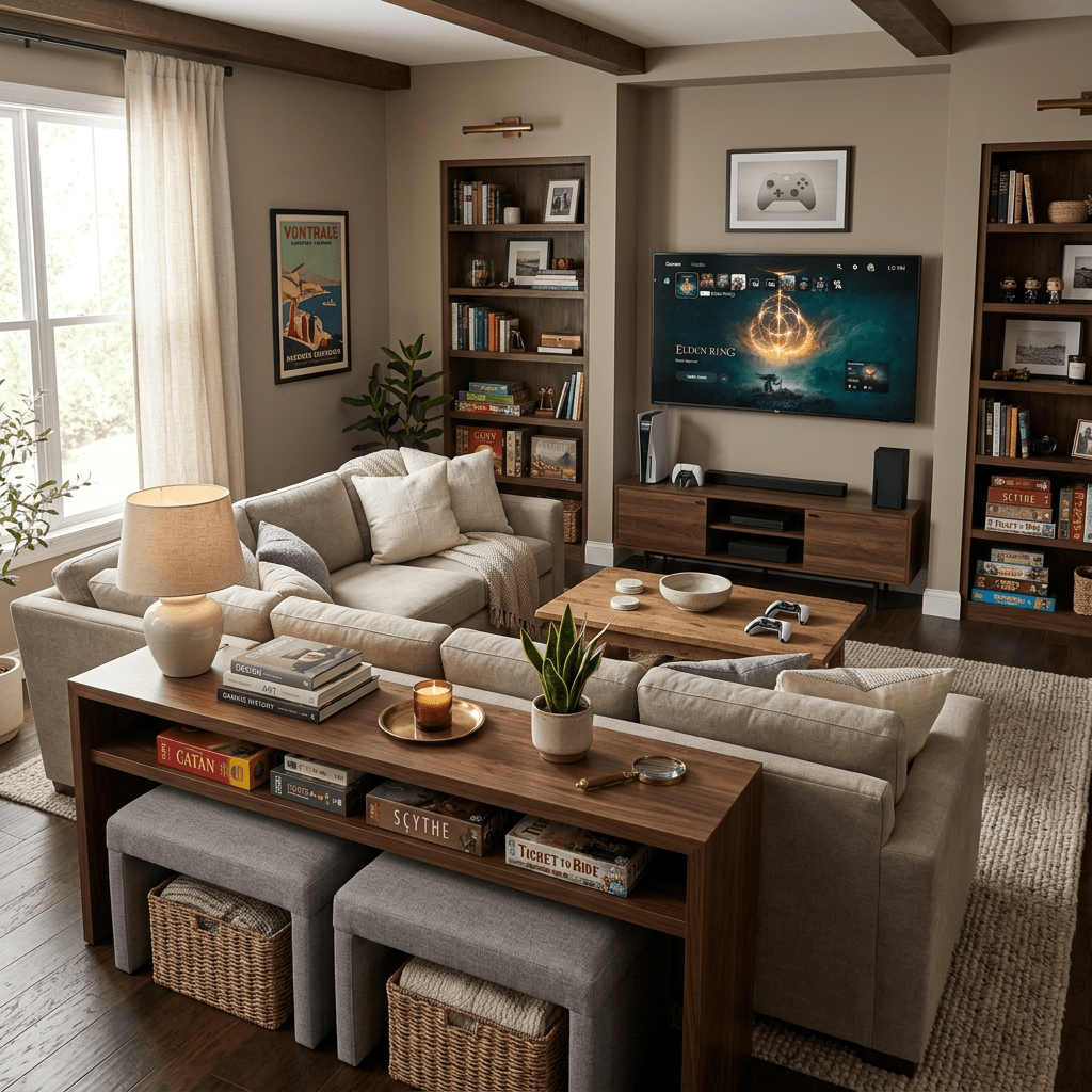 Living room with beige sectional sofa, wooden shelves with books and board games, TV displaying Elden Ring game screen, and gaming consoles on a wooden media console.