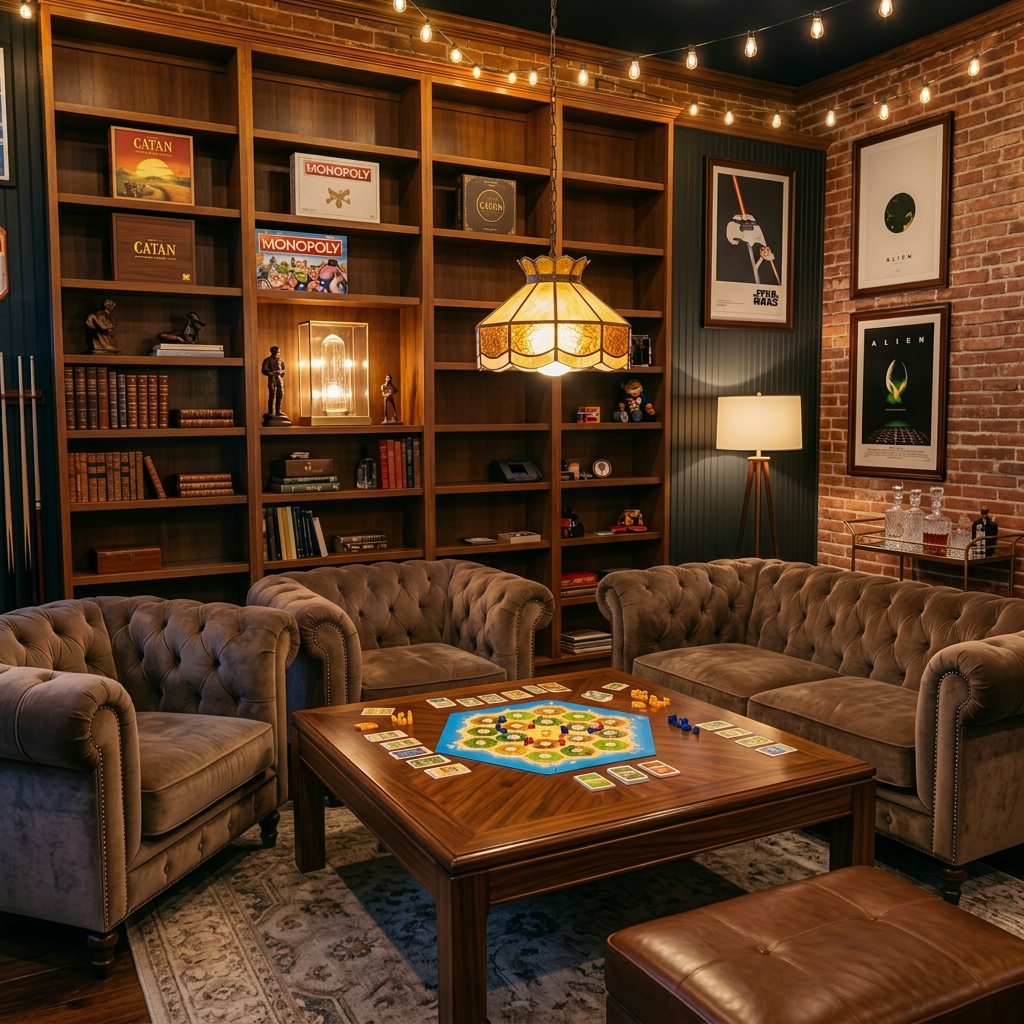 Family playing Settlers of Catan board game in a warmly lit living room