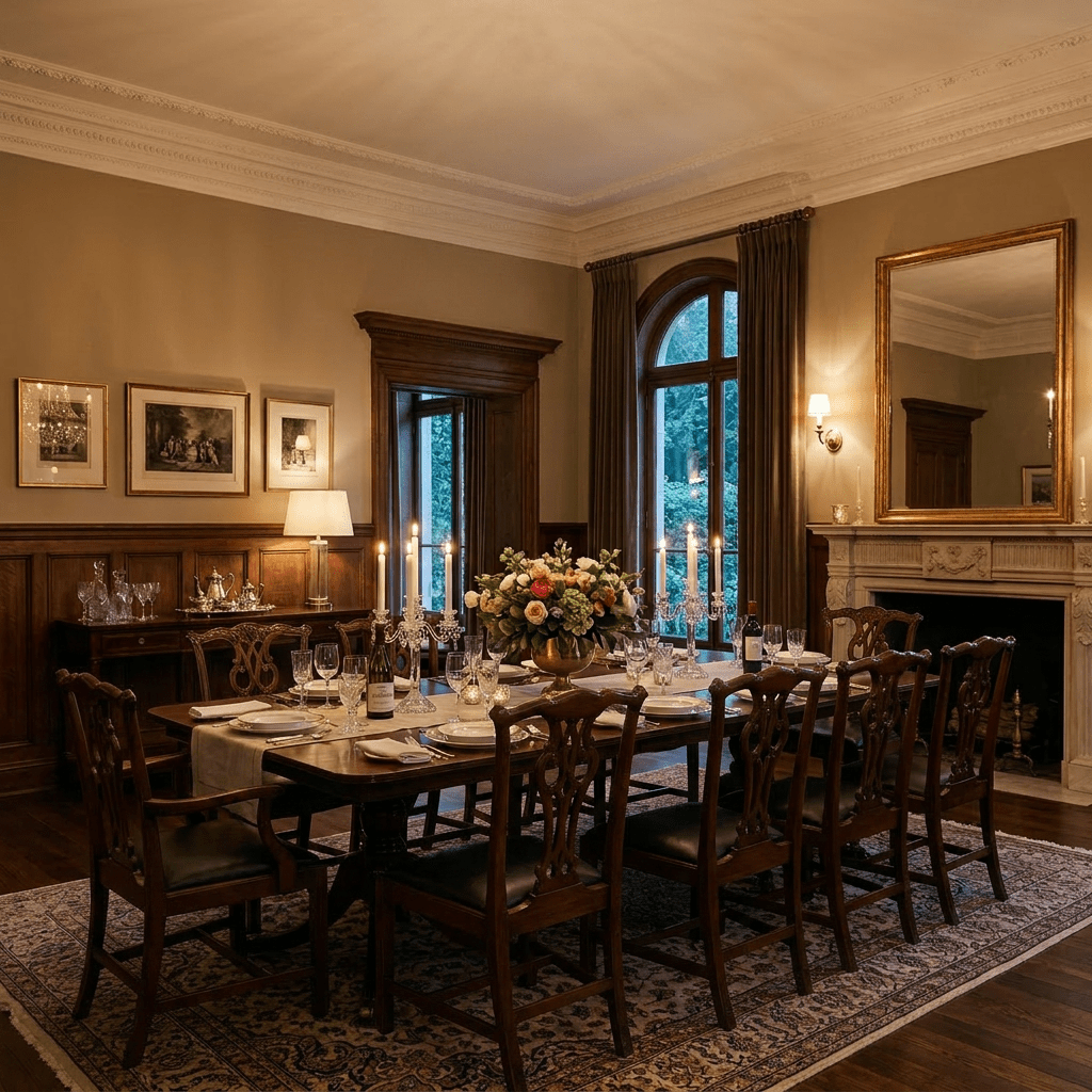 Formal dining table set with candles, crystal glasses, plates, and flower centerpiece under chandelier