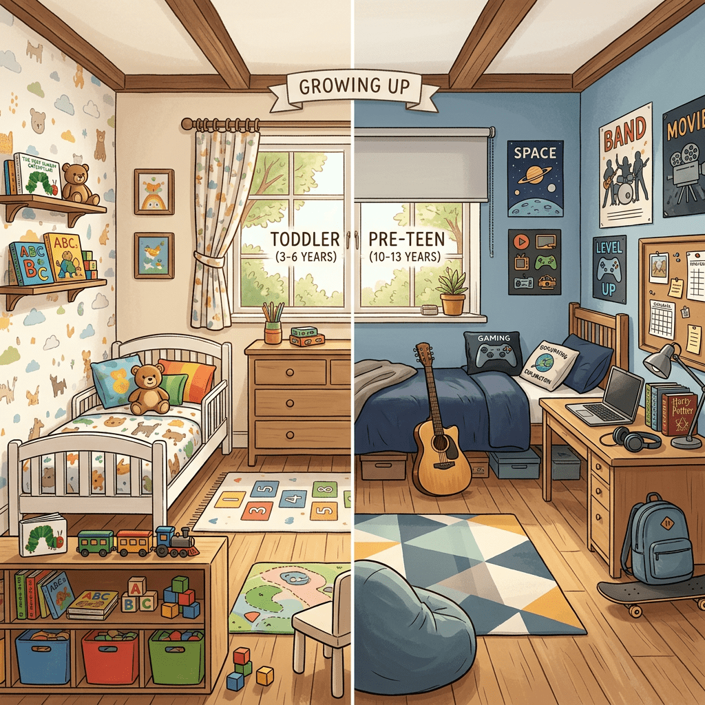Split image comparing toddler bedroom with toys and pre-teen bedroom with gaming and study items